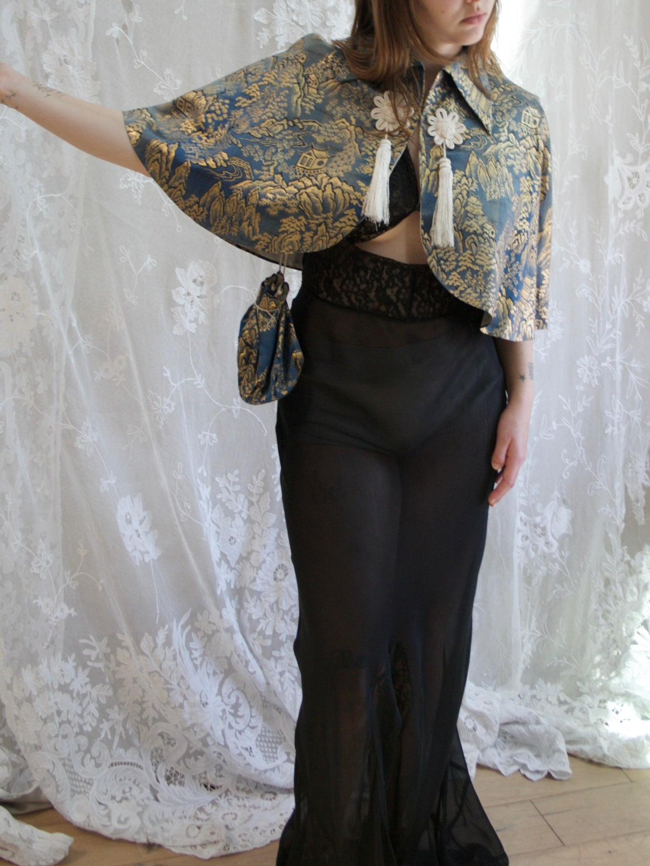 1940s Silk Satin Damask Capelet + Matching Purse