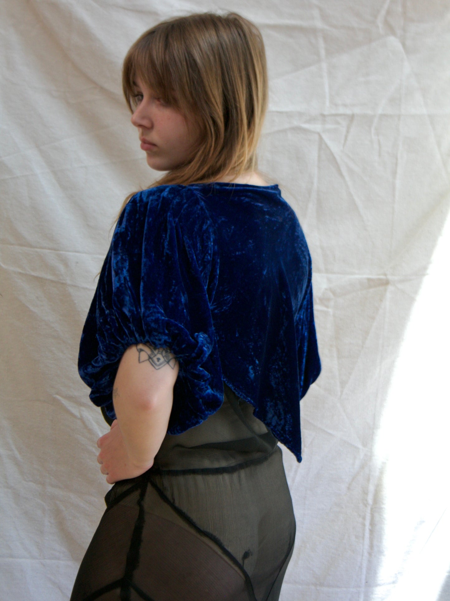 1930s Cobalt Silk Velvet Lamè Trim Puff Sleeve Bolero