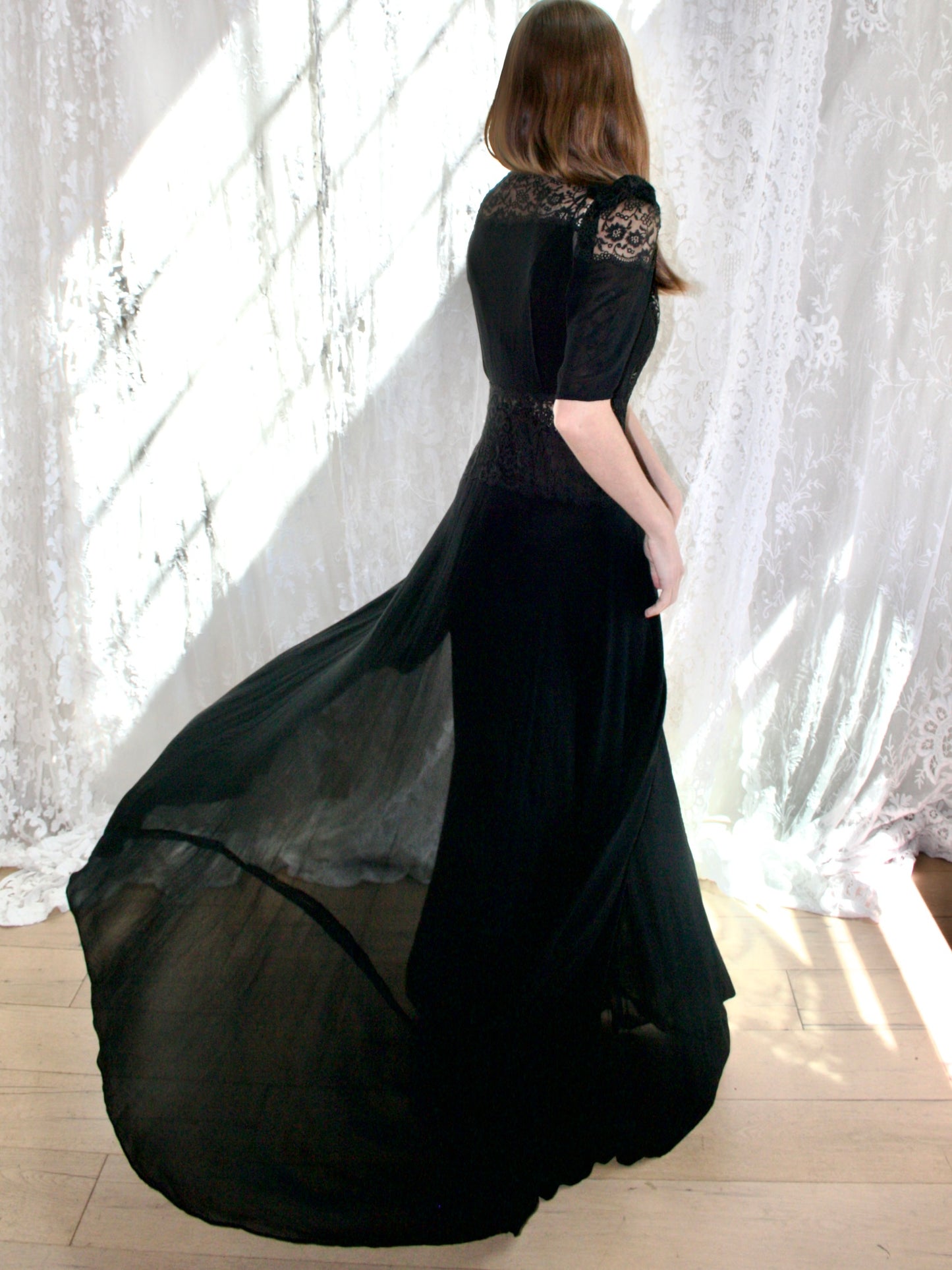 1930s Two Piece Inky Black Silk & Lace Gown/ Peignoir Set
