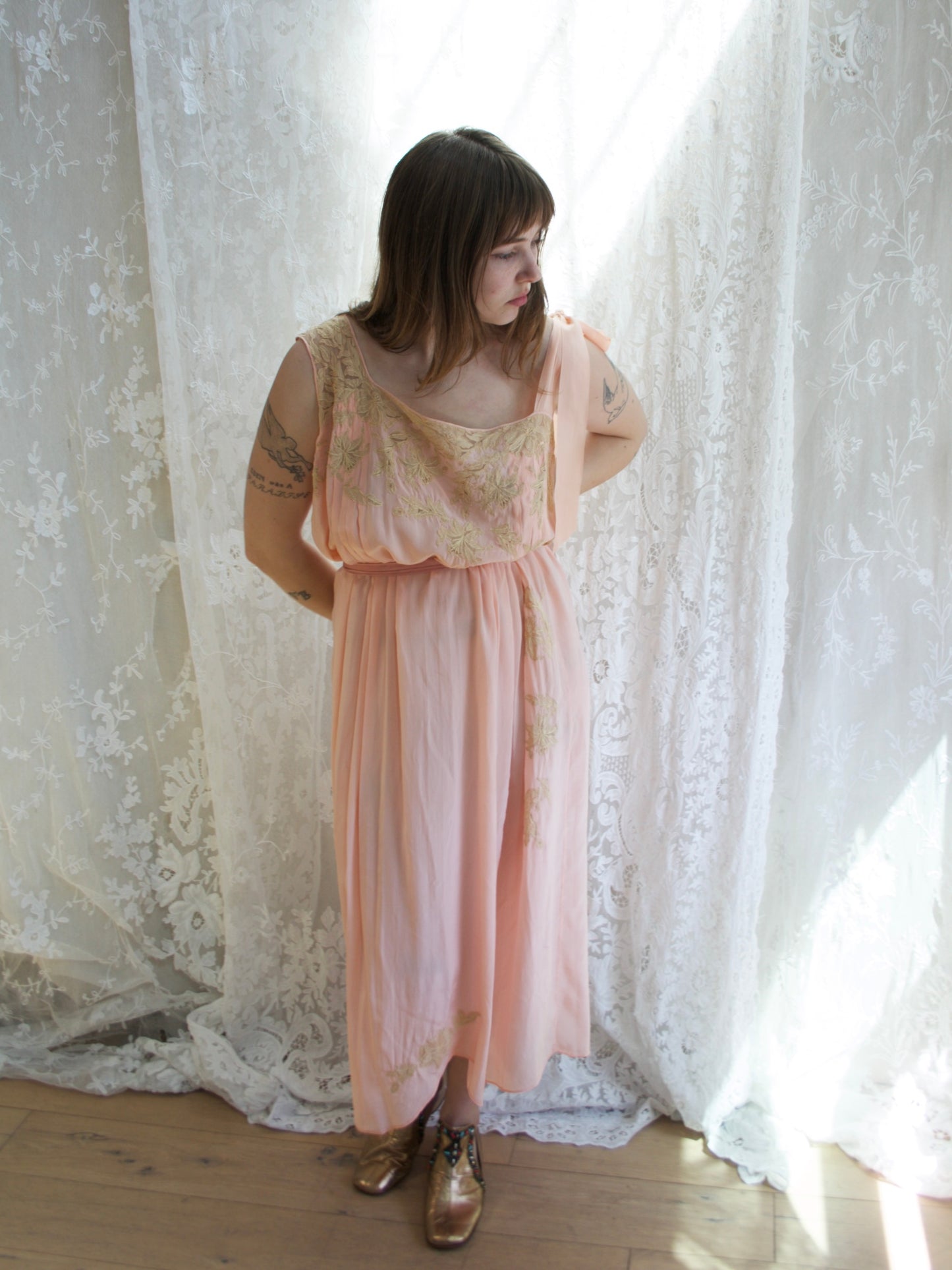 Antique 1920s Inset Ecru Lace Silk Asymmetrical Tie Shoulder Lingerie Gown