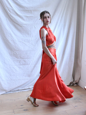 1930s Deco Tangerine Hammered Silk 24K Gold Beaded Bias Gown
