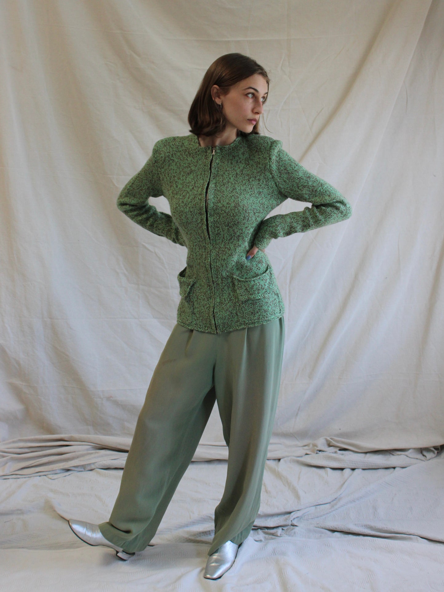 1940s Crown Zip Front Peaked Shoulder Wool Cardigan
