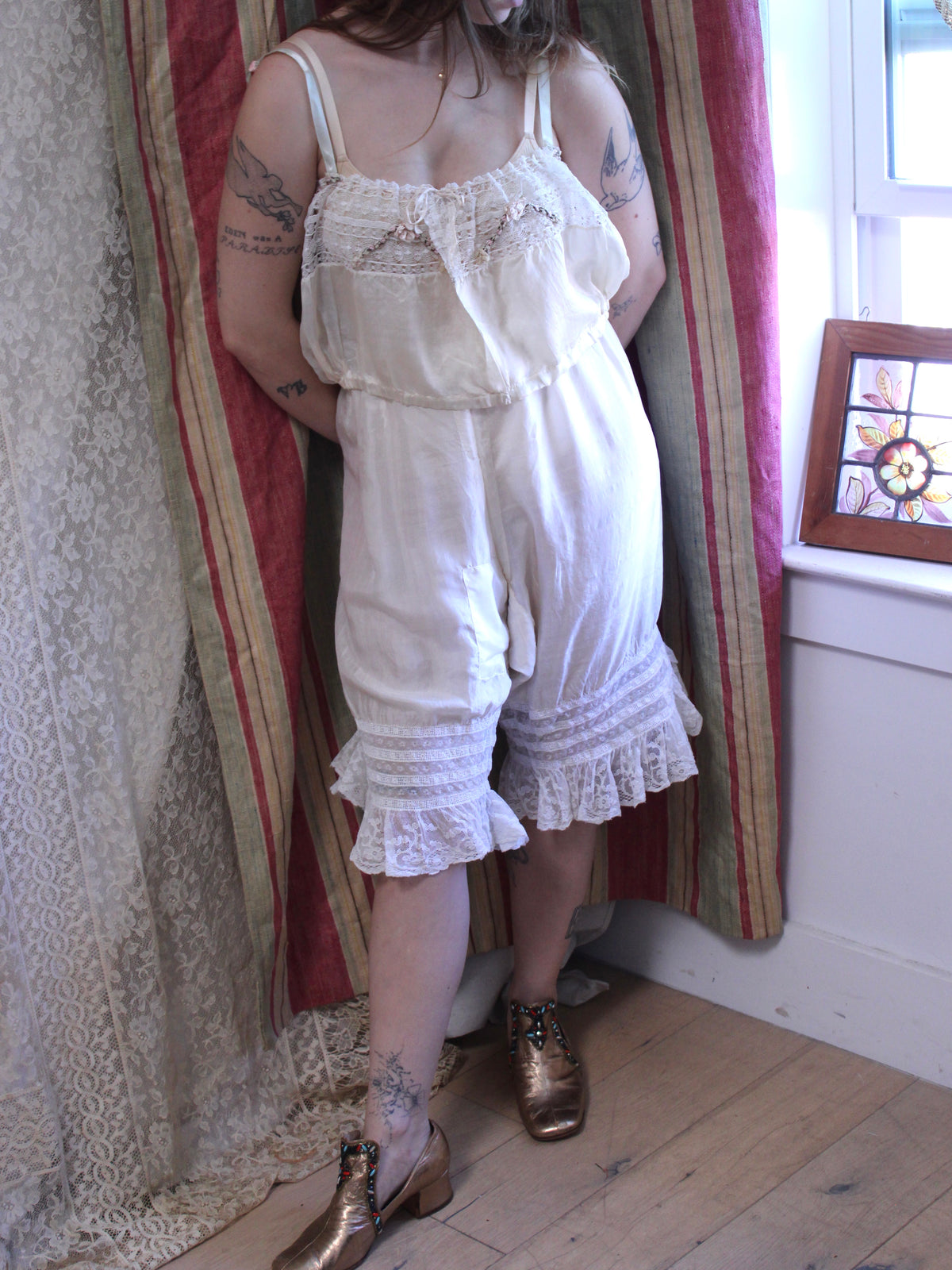 Edwardian 2PC Silk Lace Ribbon-work Bloomer/Corset Cover Set