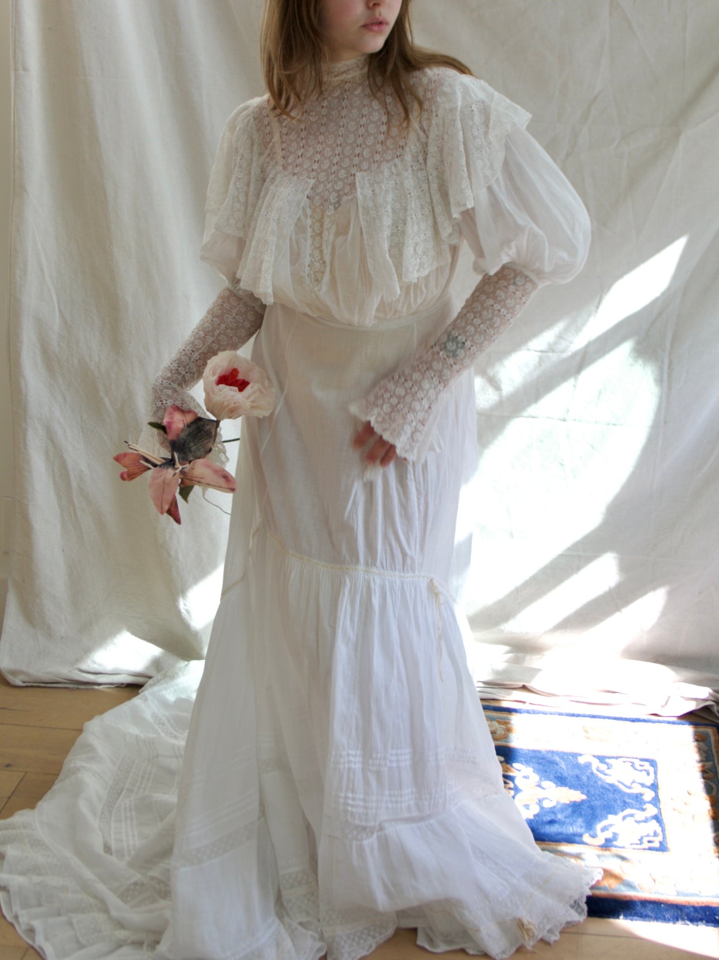 Antique Turn Of The Century Batiste Cotton Inset Lace Trained Mutton Gown