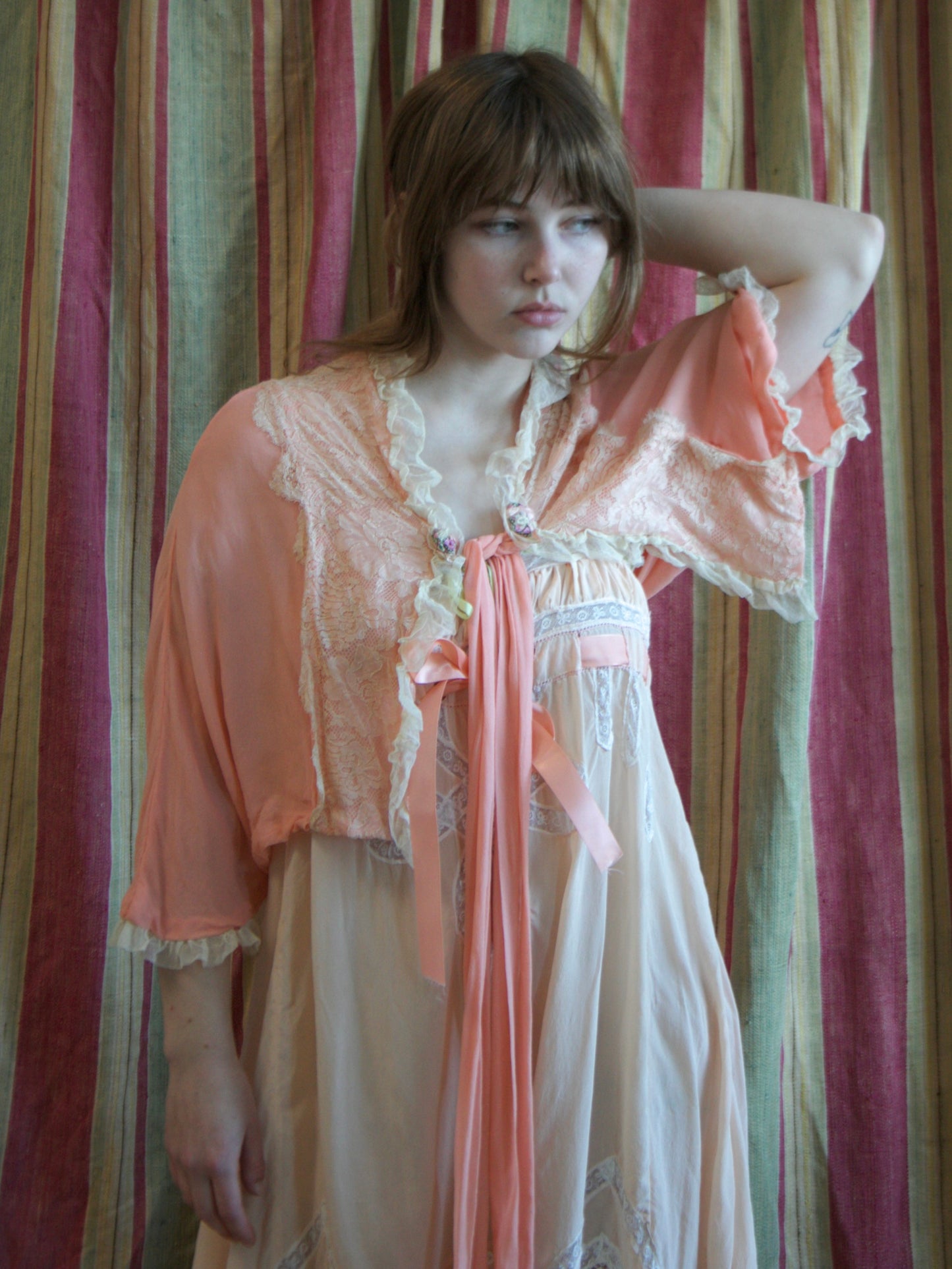 1930s Crepe Chiffon & Ecru Lace Ribbonwork Tie Jacket