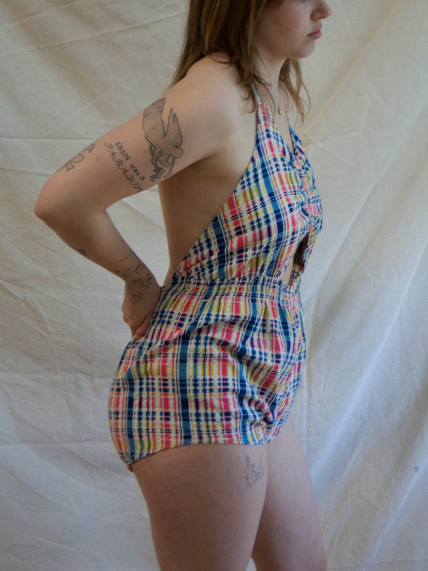 1940s Seersucker Midriff Cut Out Halter Playsuit