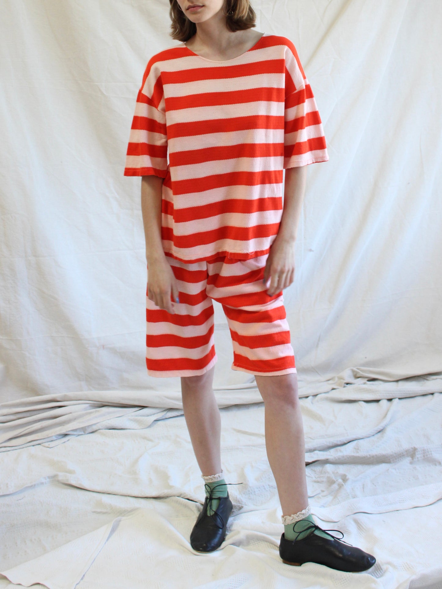 Antique 1930s Two Piece Striped Cotton Knit Bathing/ Play Suit