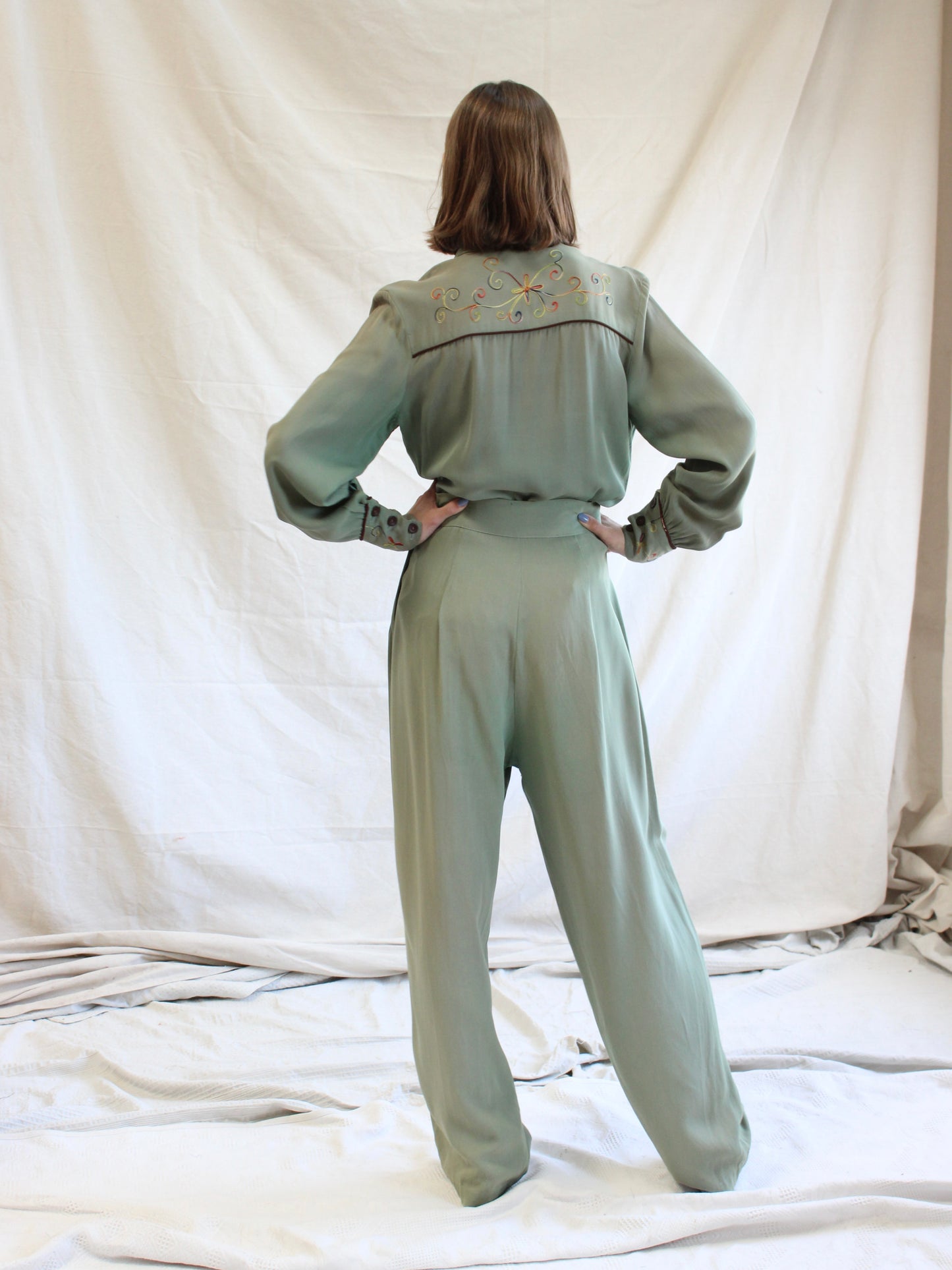 1940s Faded Green Gabardine Western Chain-stitched 2 PC Sportswear Set