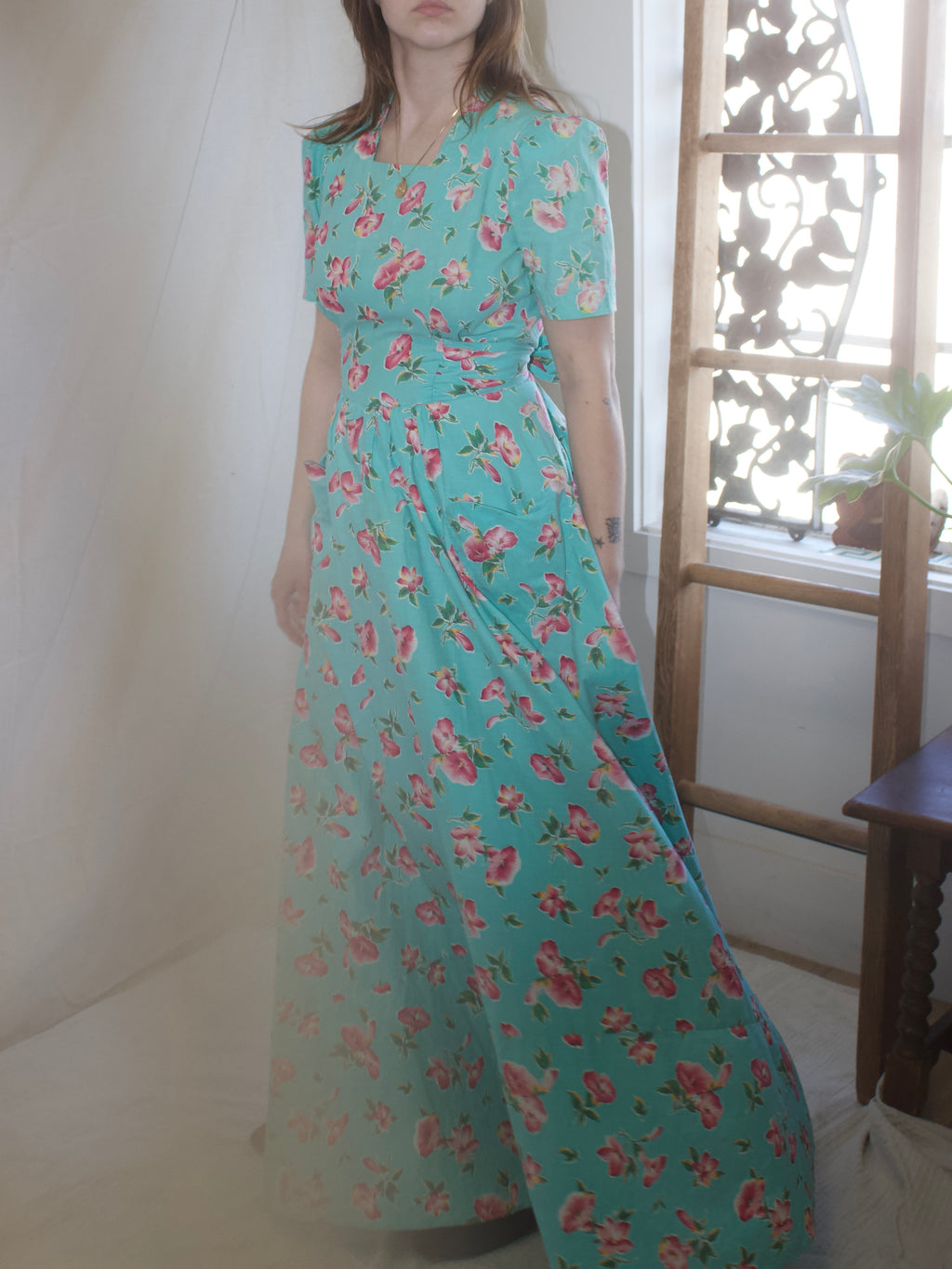 1940s Puff Sleeve Floral Cotton Tie Waist Floor Length Dress * Heart Pockets