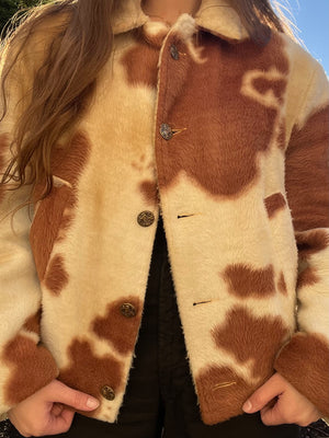 Rare 1960s Plush Faux Cow Print Sherpa Lined Campus Outerwear Jacket