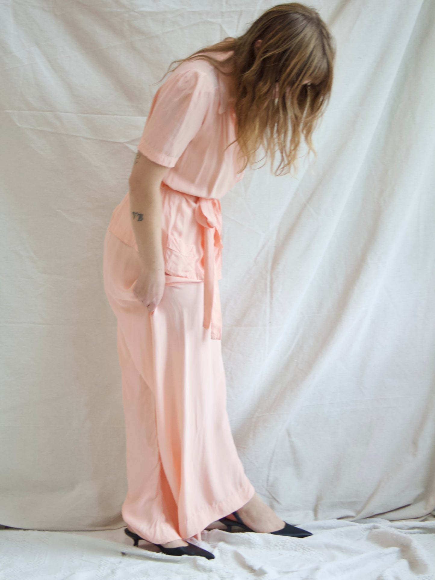 1940s Cold Rayon 2-PC Wide Leg Side Button Lounge Set W* Belt