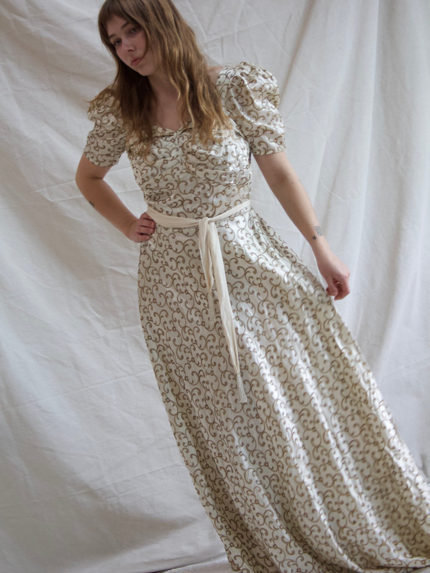 1930s Candlelight Silk Satin Lamé Embroidered Puff Sleeve Sweetheart Gown
