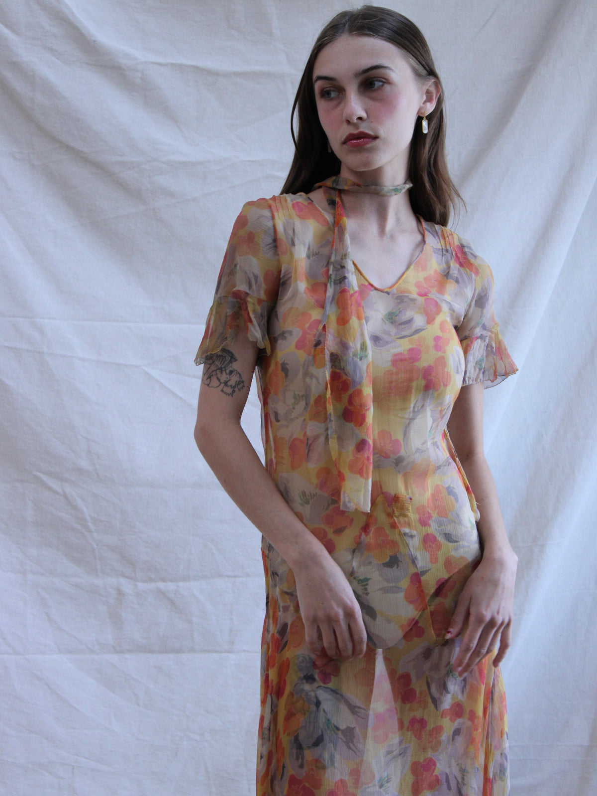 1930s Floral Chiffon Flutter Sleeve 2 PC Dress