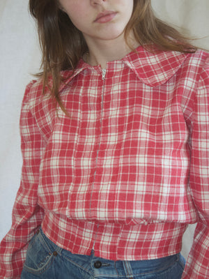 1950s/1960s Does 1940s Plaid Flannel Puff Sleeve Zip Front Jacket