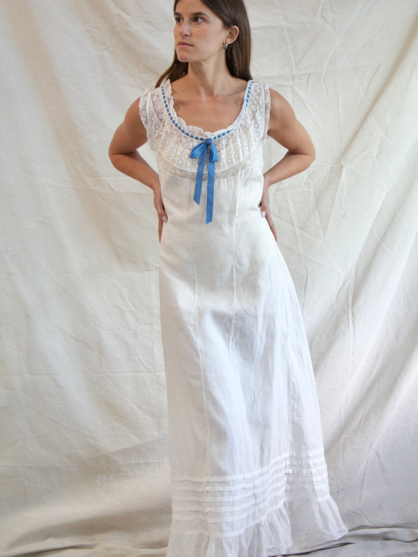 Antique Edwardian Cotton & Lace Ribbon Princess Slip Dress