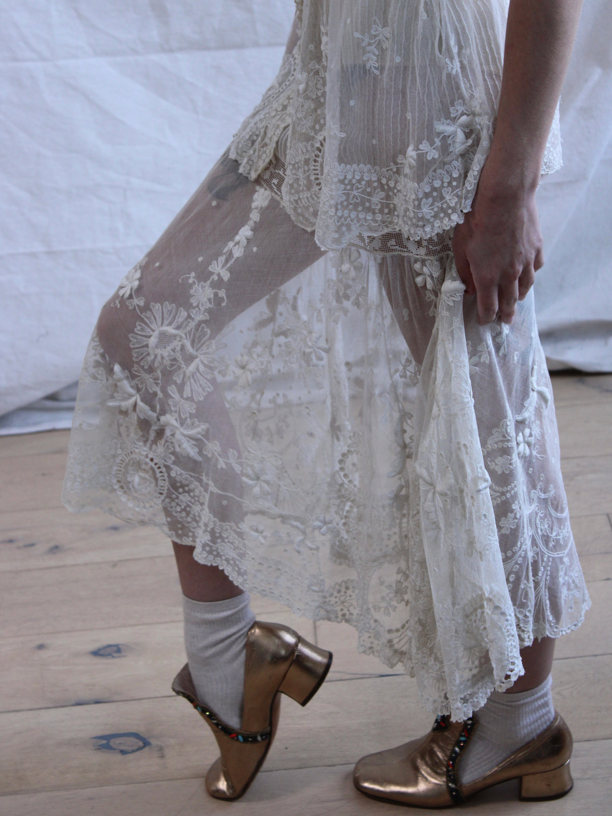 Antique Embroidered Tambour Lace Net Overlay Tea Length Gown
