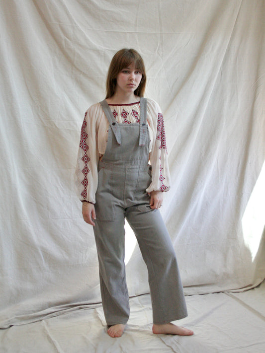 1940s/1950s Faded Cotton Side Button Bib Front Workwear Overalls