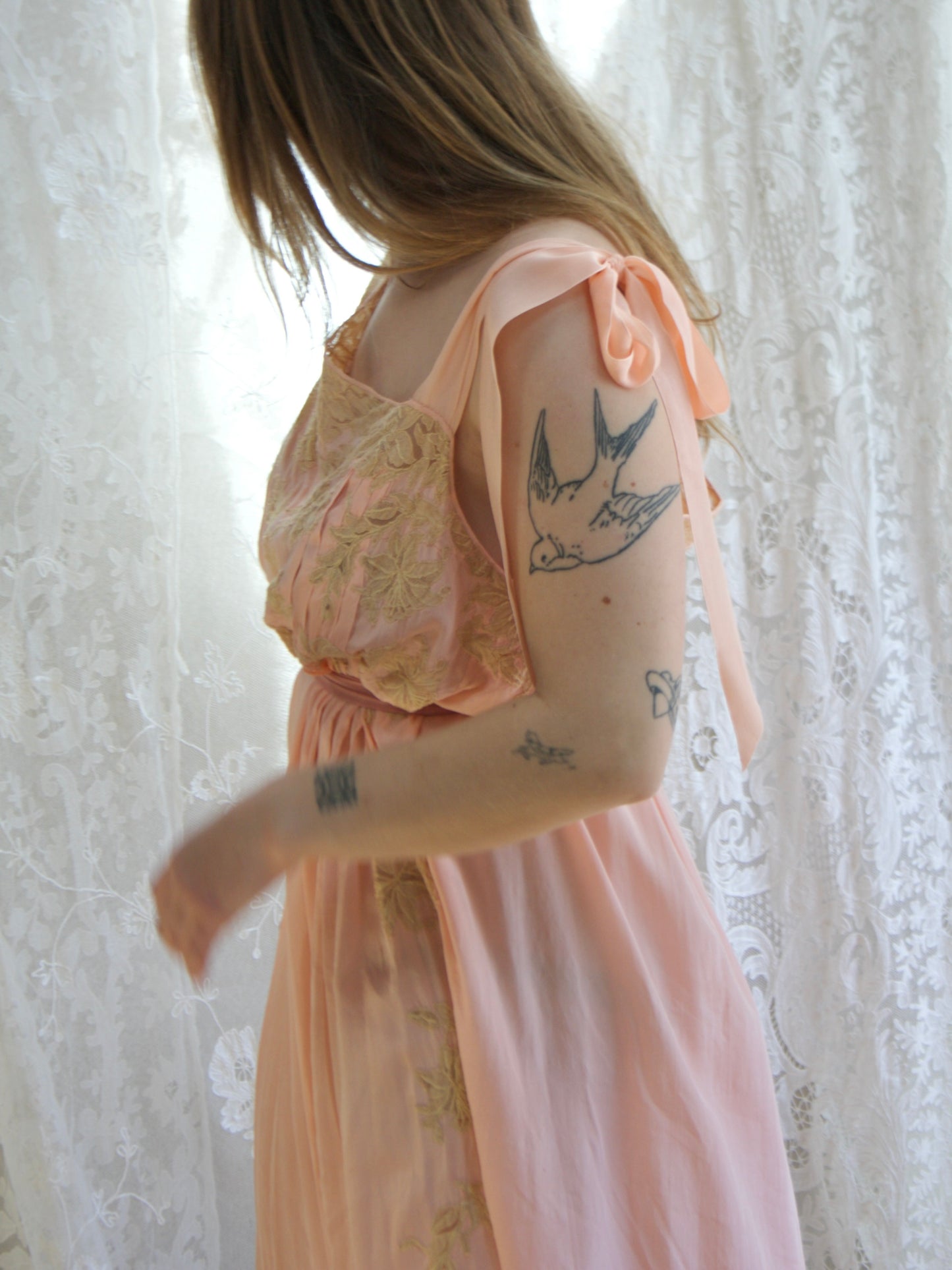 Antique 1920s Inset Ecru Lace Silk Asymmetrical Tie Shoulder Lingerie Gown
