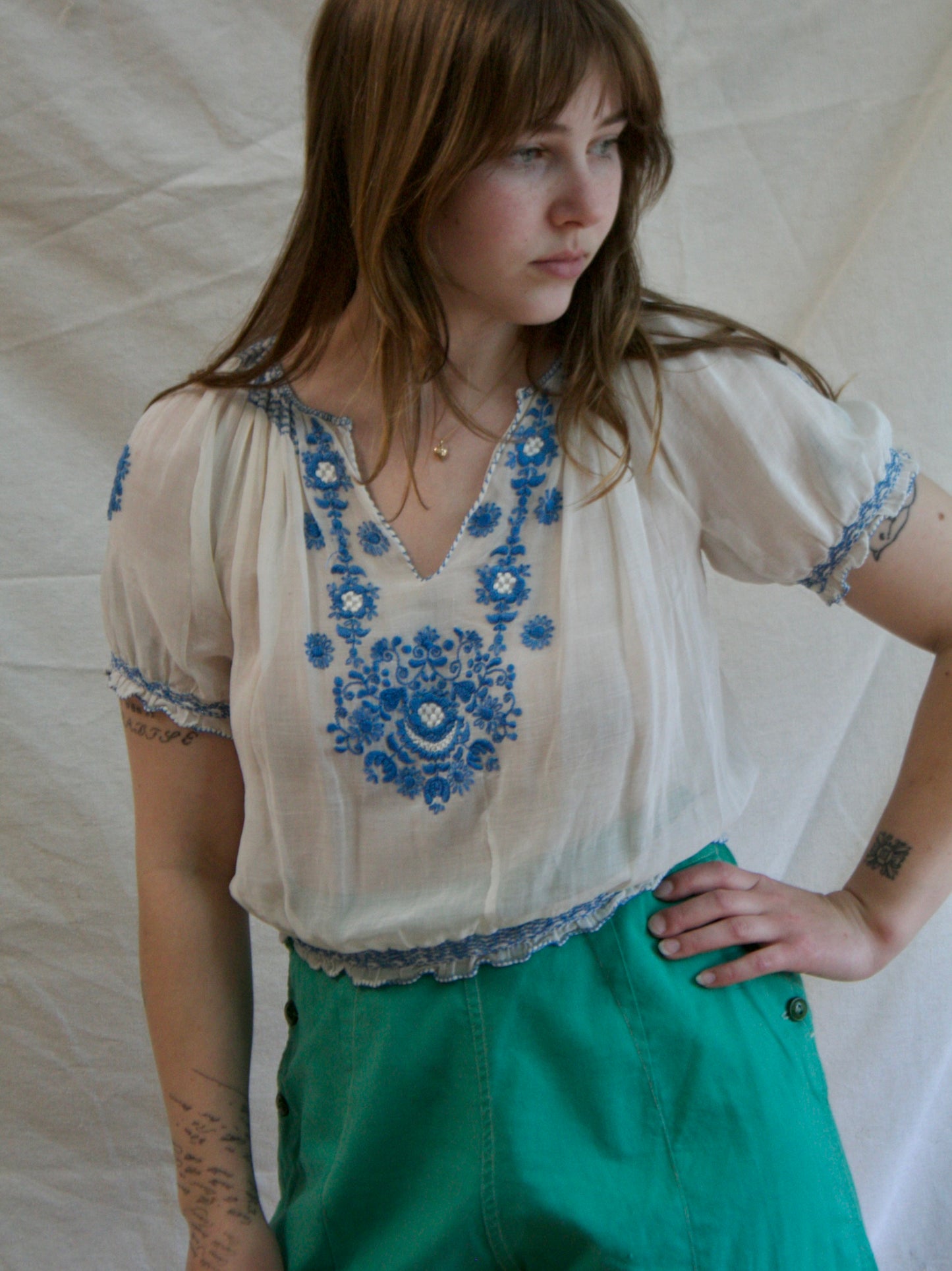 1930s Hungarian Embroidered Folk Cotton Blouse