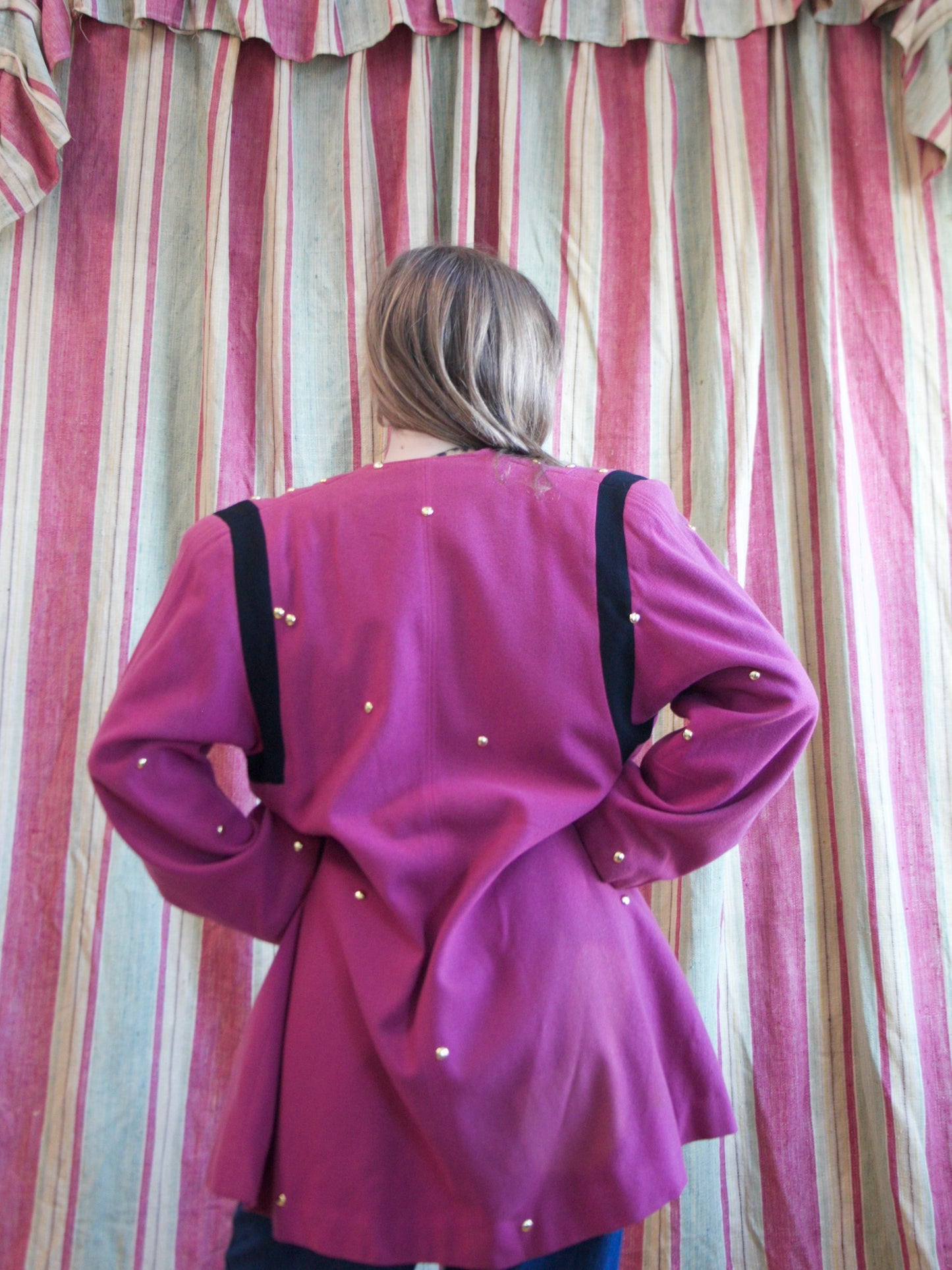 1940s Color Block Strong Shoulder Studded Swing Coat