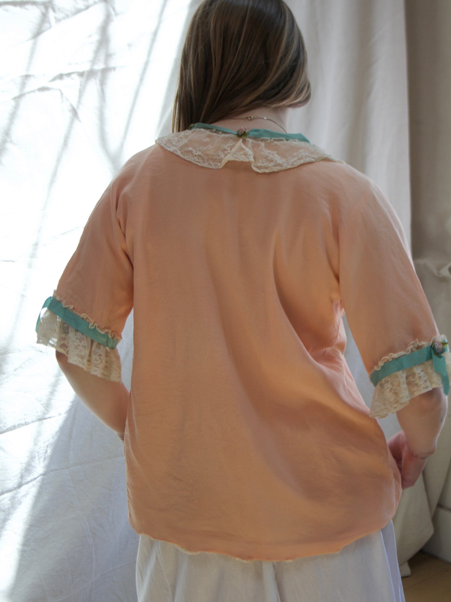 Special 1930s Silk Crepe Lace Trim Boudoir Jacket W* Rosettess/Ribbons