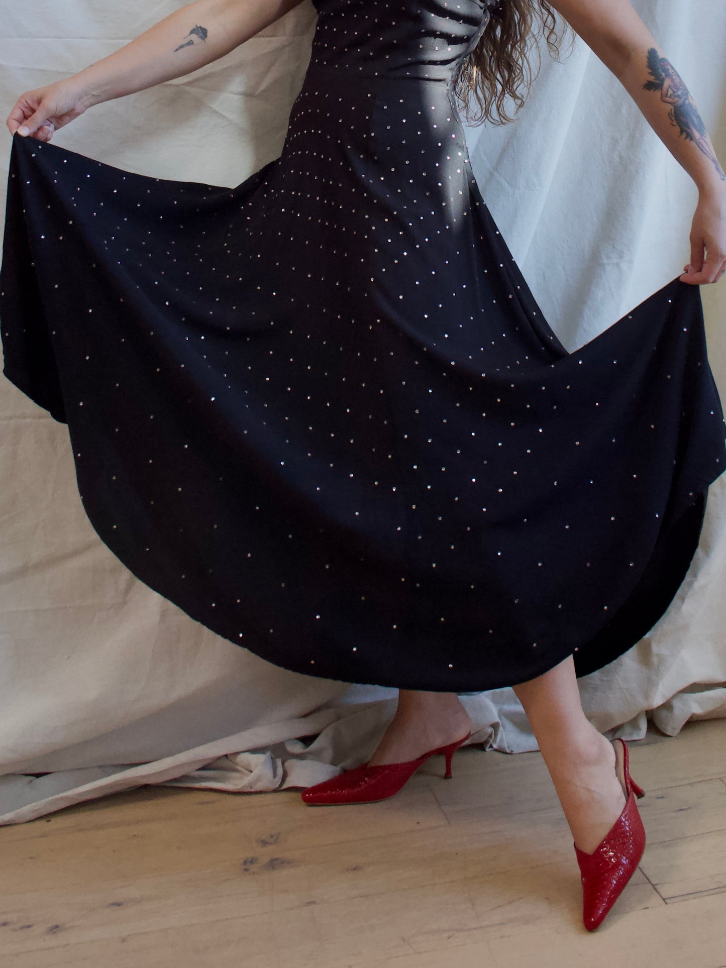 1930s Diamanté Rayon Crete Jet Black Tie Shoulder Gown