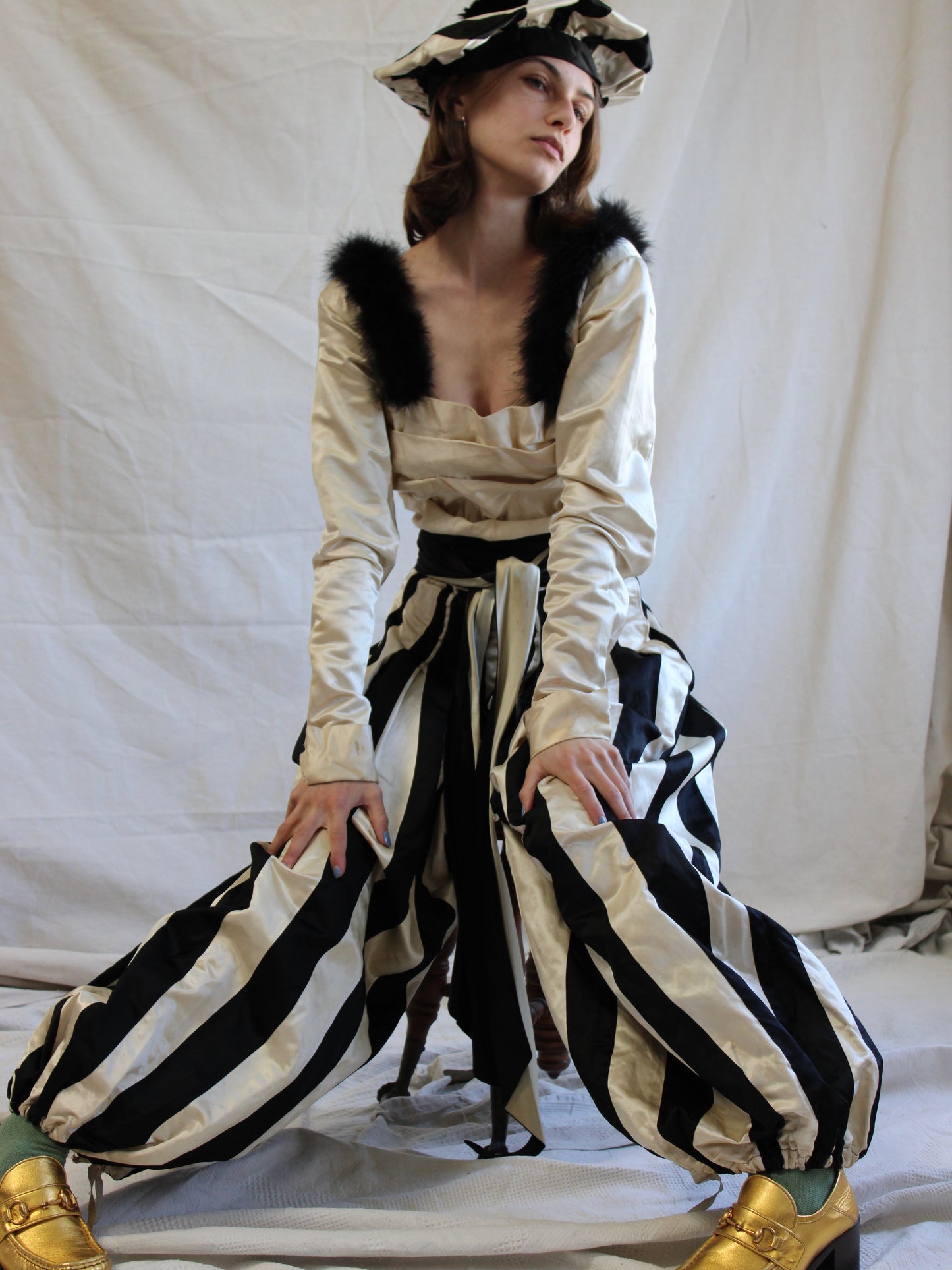 One Of A Kind Antique 1910s B&W Satin 4 Piece Mardi Gras Harem Pant Jumpsuit Ensemble