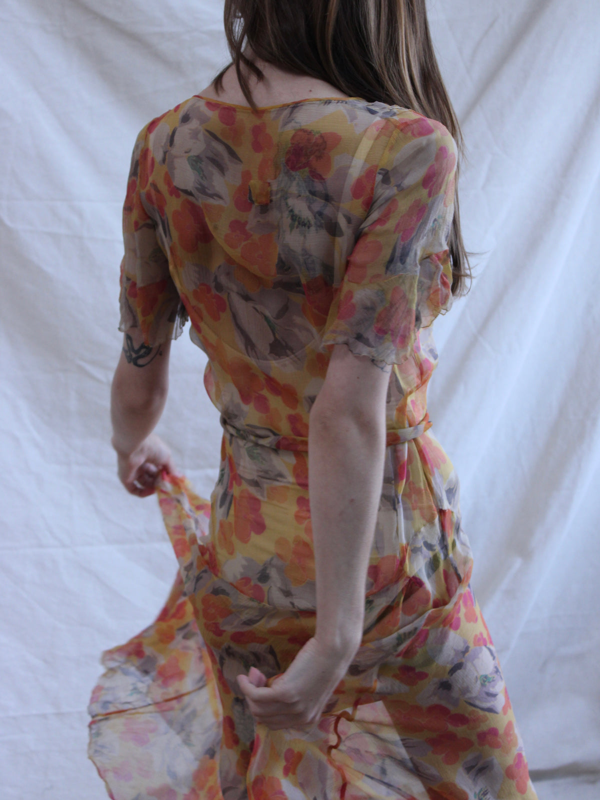 1930s Floral Chiffon Flutter Sleeve 2 PC Dress