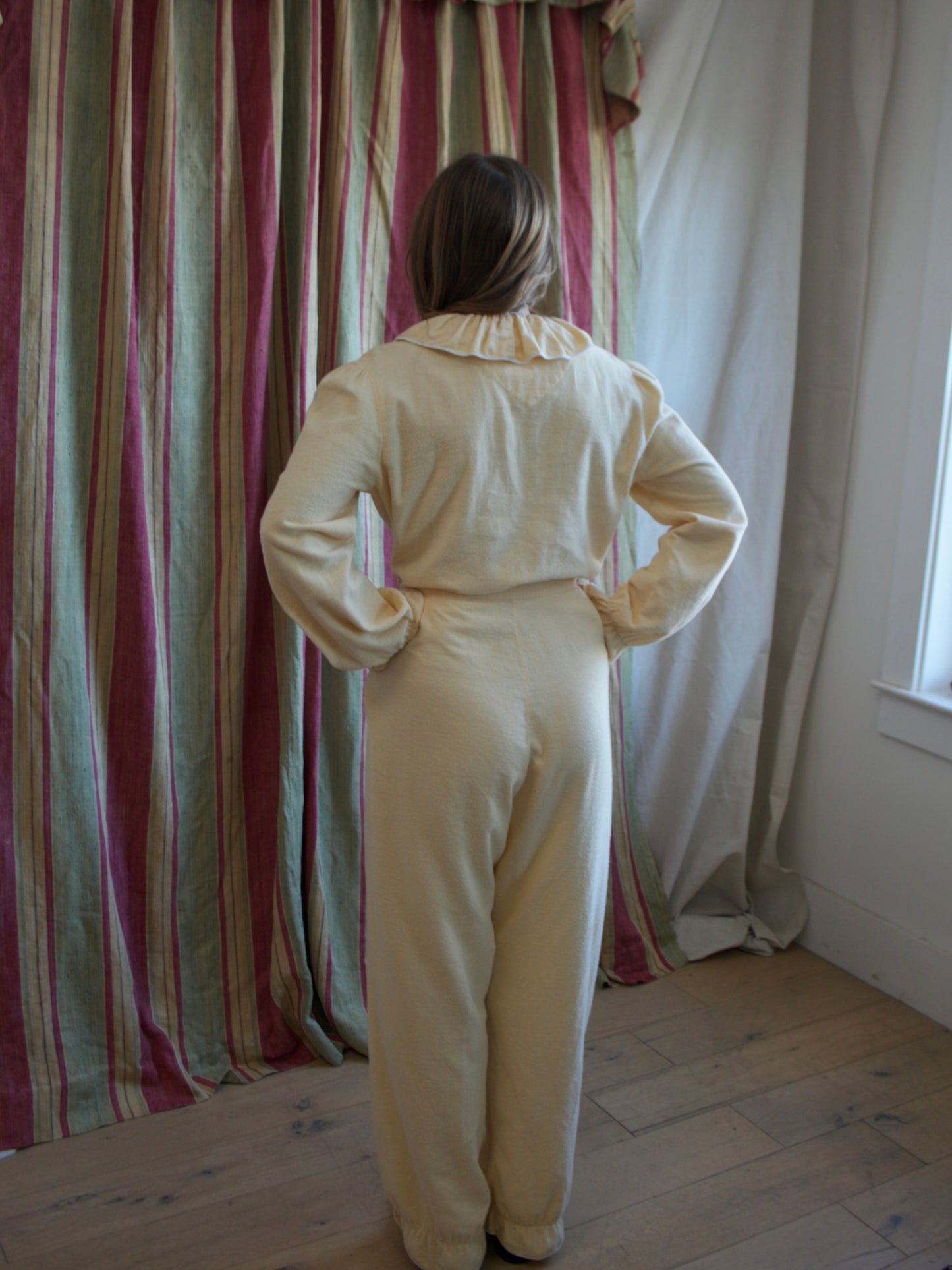 1940s Butter Yellow Soft Flannel Ruffle Trim Lounge Jumpsuit