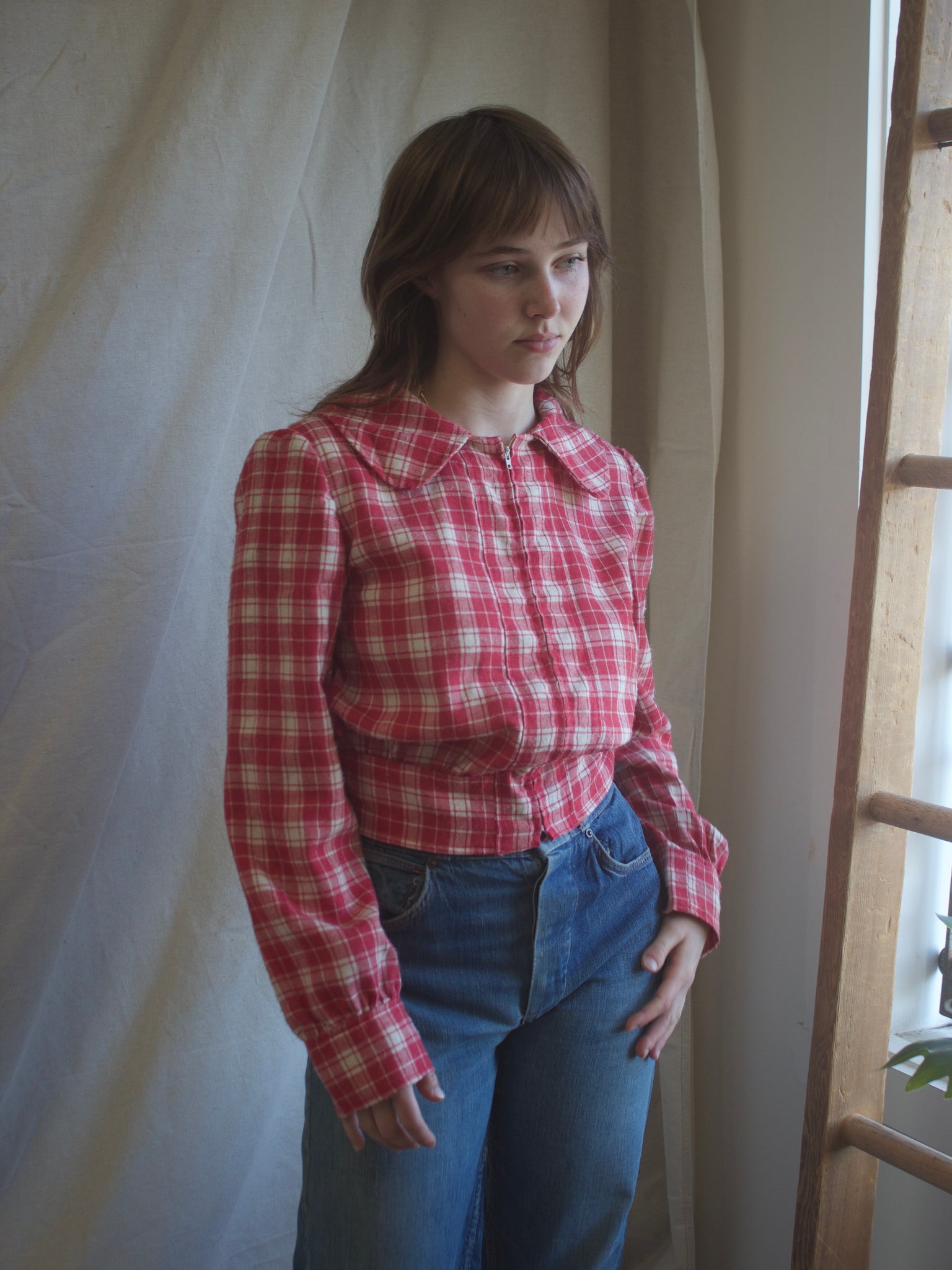 1950s/1960s Does 1940s Plaid Flannel Puff Sleeve Zip Front Jacket