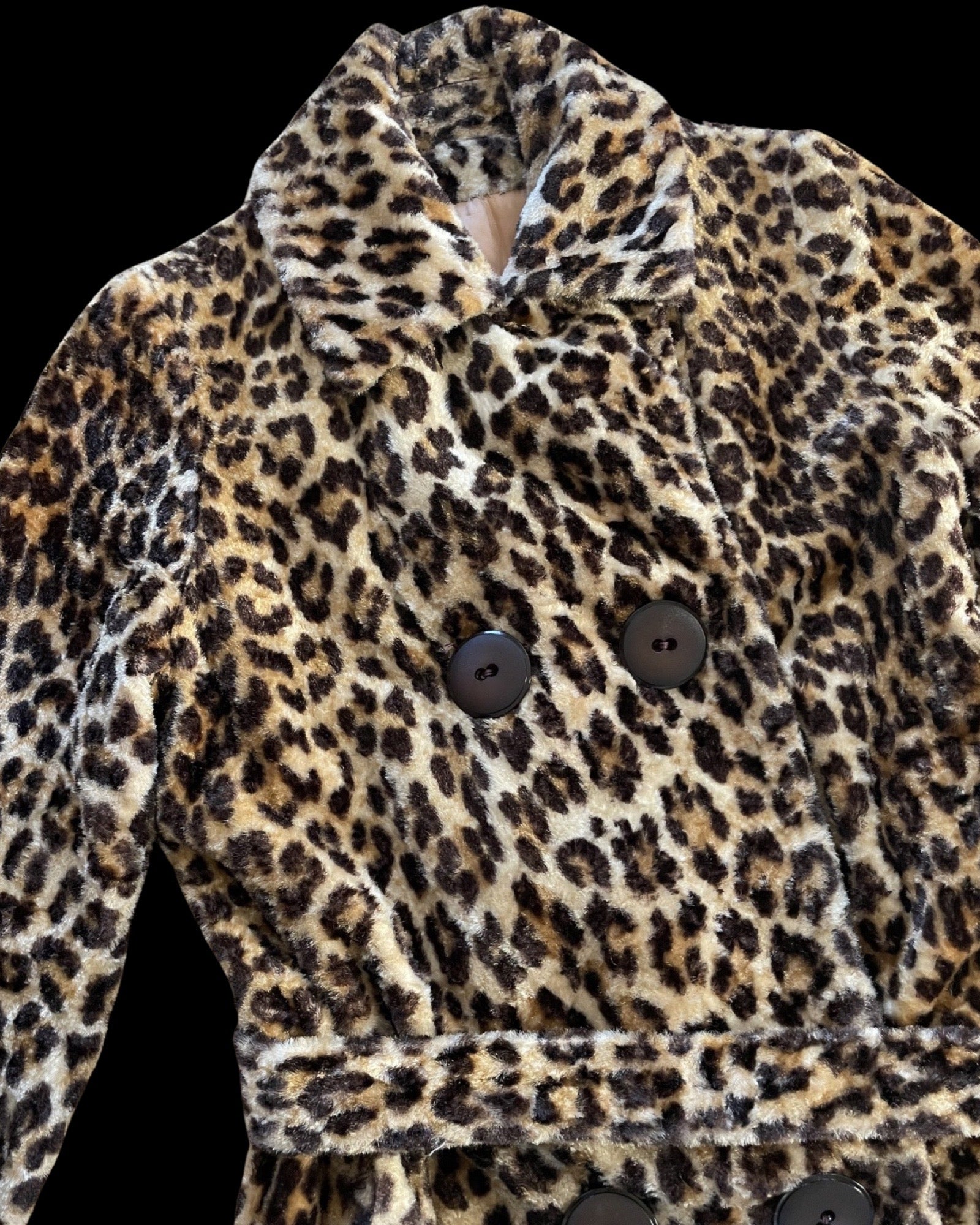1960s/1970s Joseph Magnin Faux Cheetah Print Plush Loop Double Breasted Coat