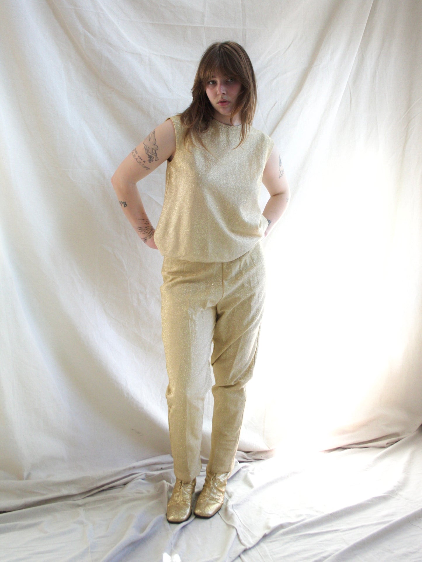 1950s Gold Lurex Two Piece Cigarette Pant Set