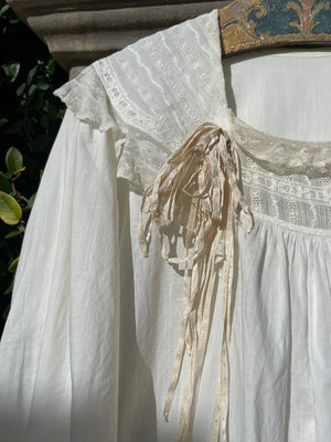 Antique Turn Of The Century  Poet Sleeve Fine Cotton & Lace Troussea Gown