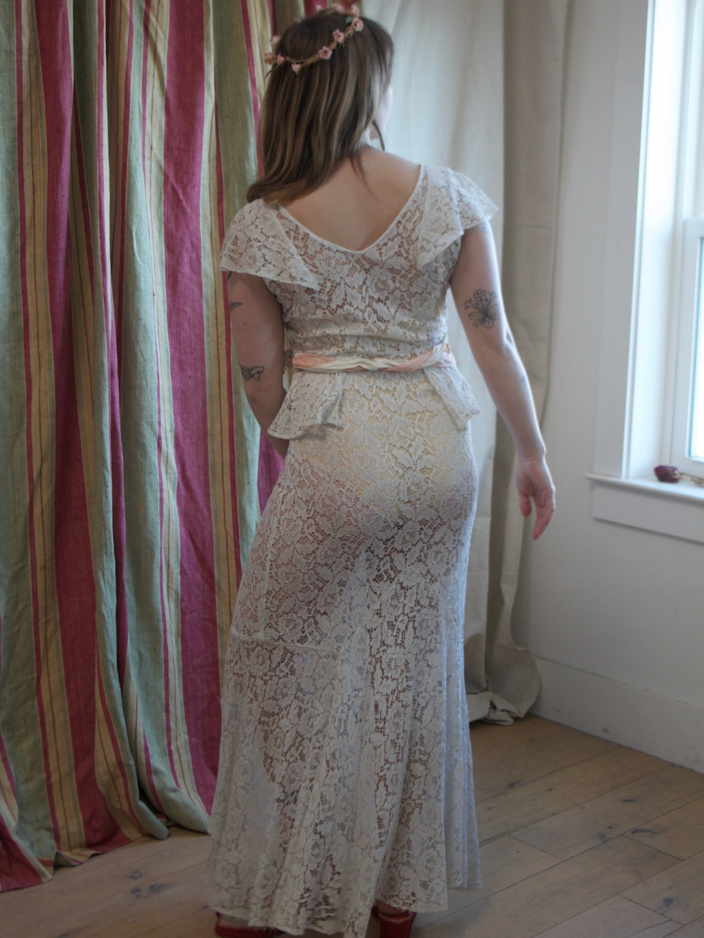 1930s Ivory Lace Ribbonwork Rosette Peplum Bias Cut Gown