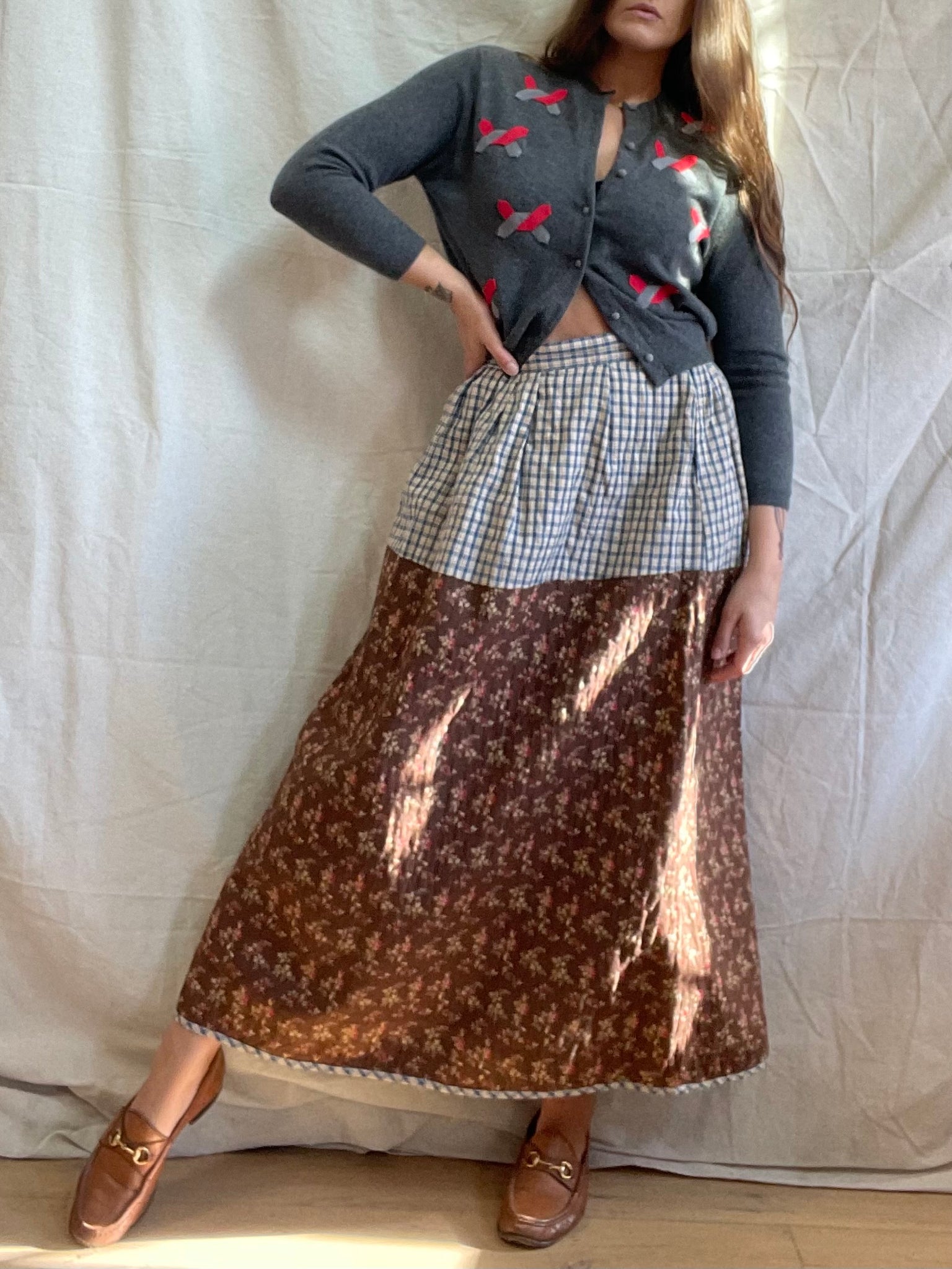 1980s Ralph Lauren Country Calico & Homespun Quilted Skirt