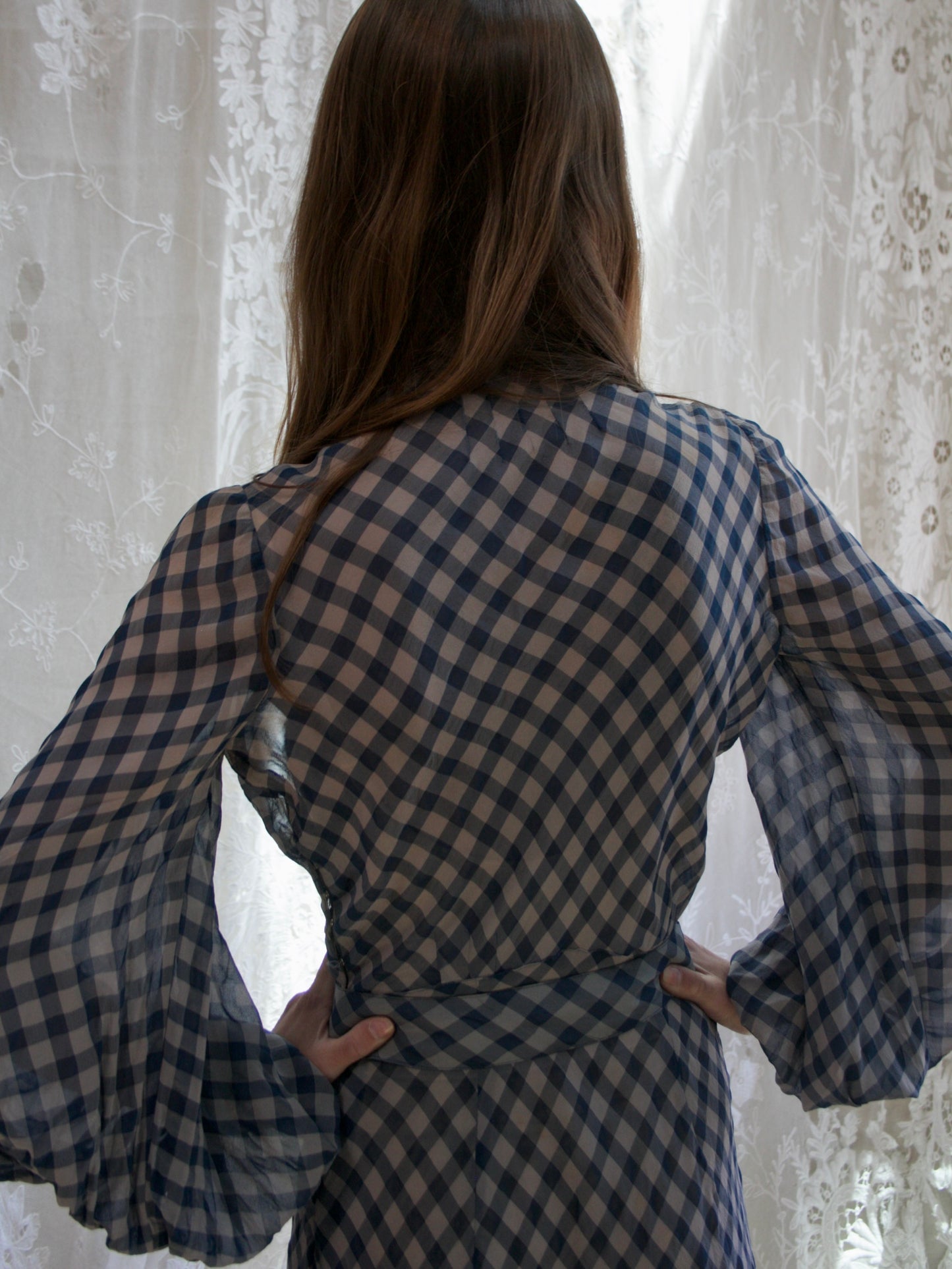 1930s Windowpane Balloon Sleeve Crepe Chiffon Tie Neck Dress