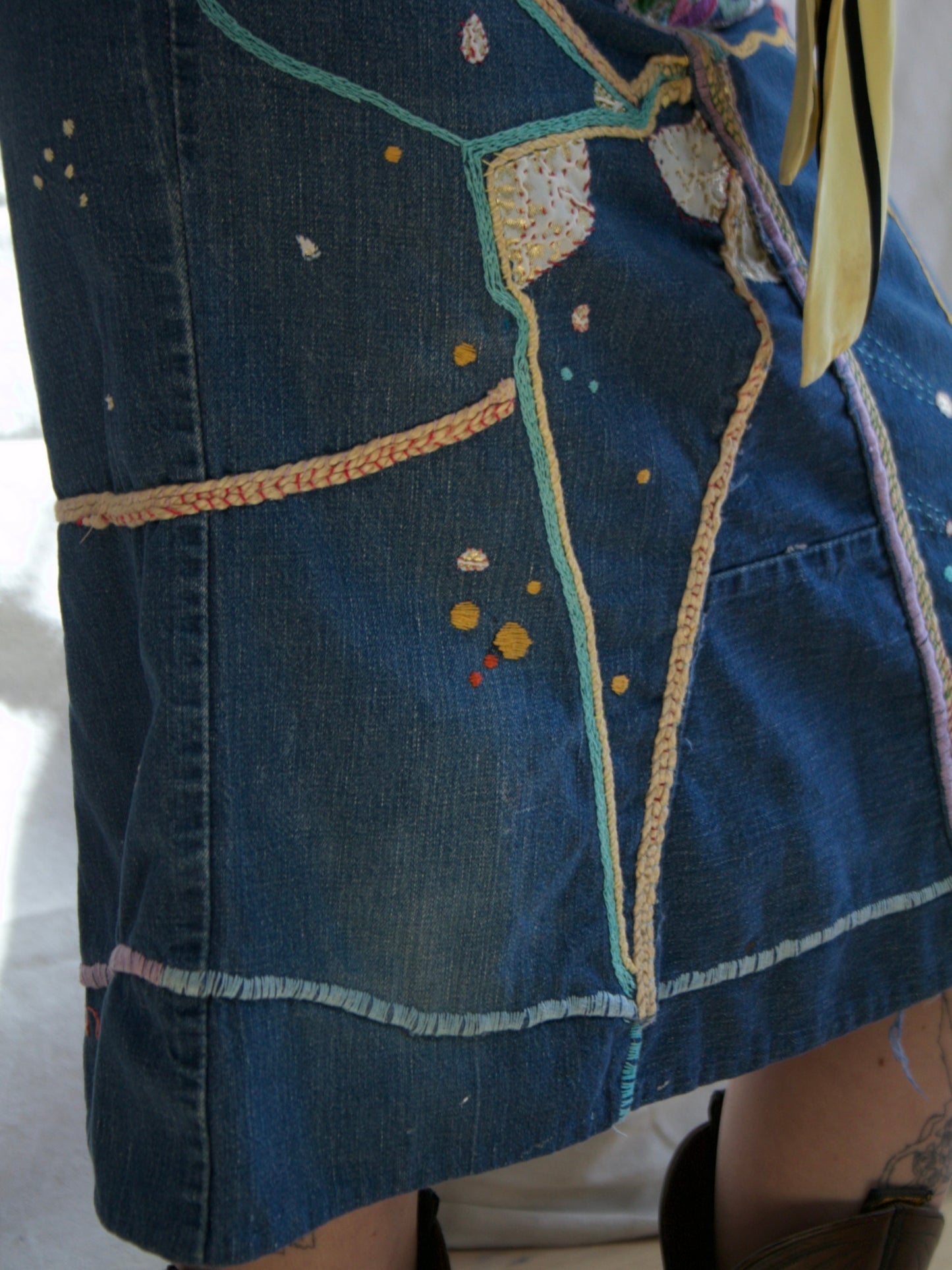 Hand Made 1977 Dated Embroidered Denim Hippie Skirt