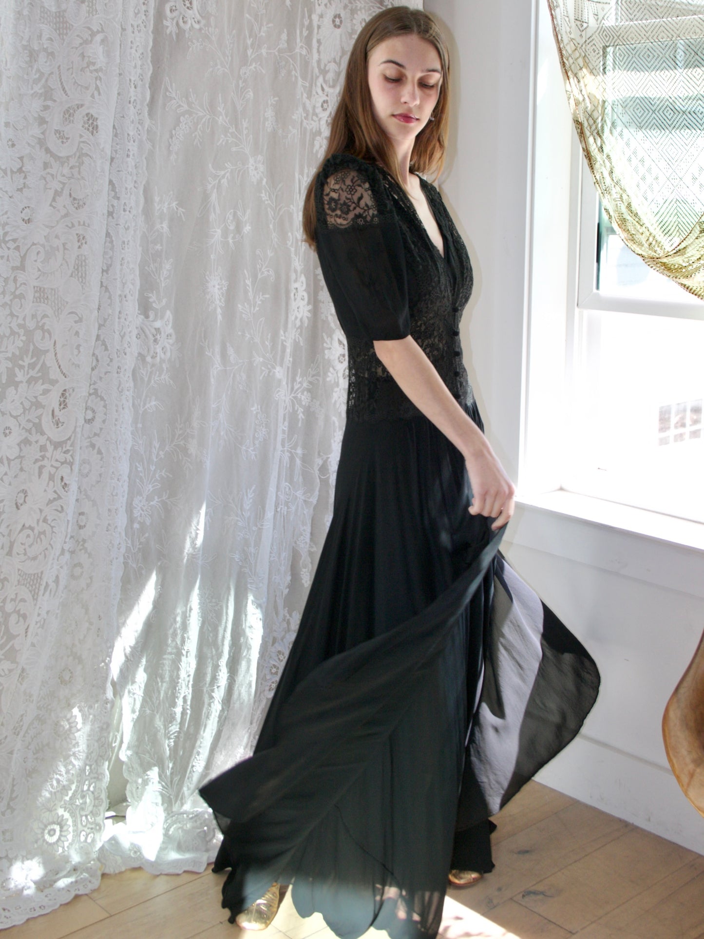 1930s Two Piece Inky Black Silk & Lace Gown/ Peignoir Set