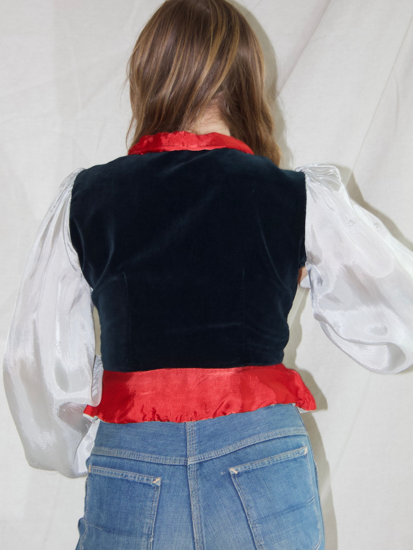 1930s Rayon & Velveteen Hand Embroidered Jester Bishop Sleeve Blouse