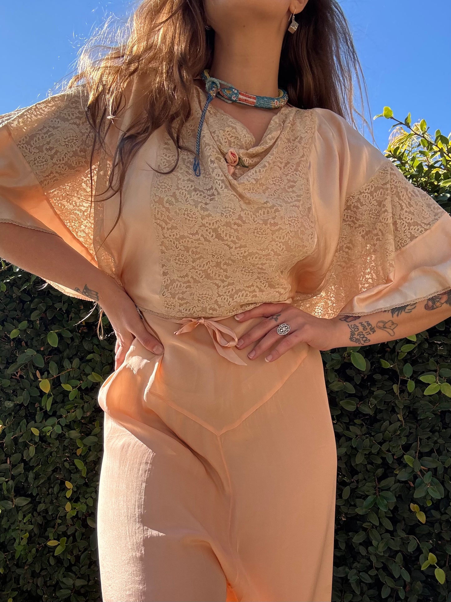 Antique Soft Pink Silk & Lace Ribbonwork Tie Waist Capelet Blouse