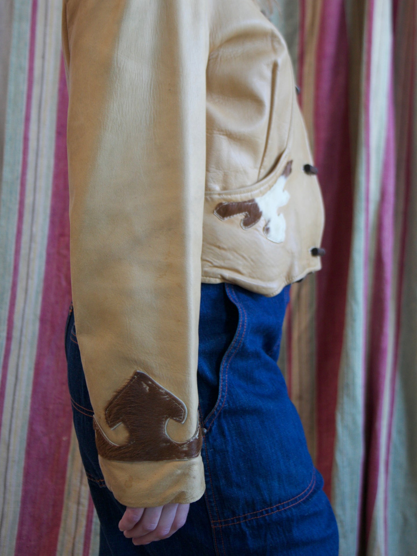 1940s Western Cognac Leather Pony Hair Yoke Jacket