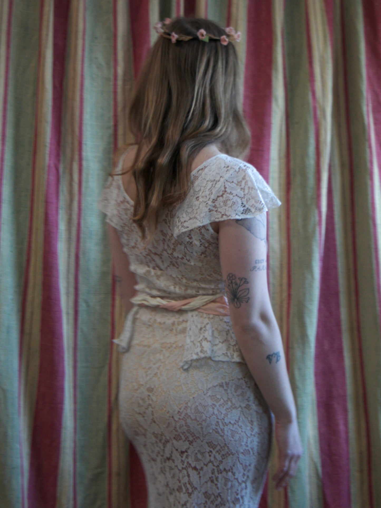 1930s Ivory Lace Ribbonwork Rosette Peplum Bias Cut Gown