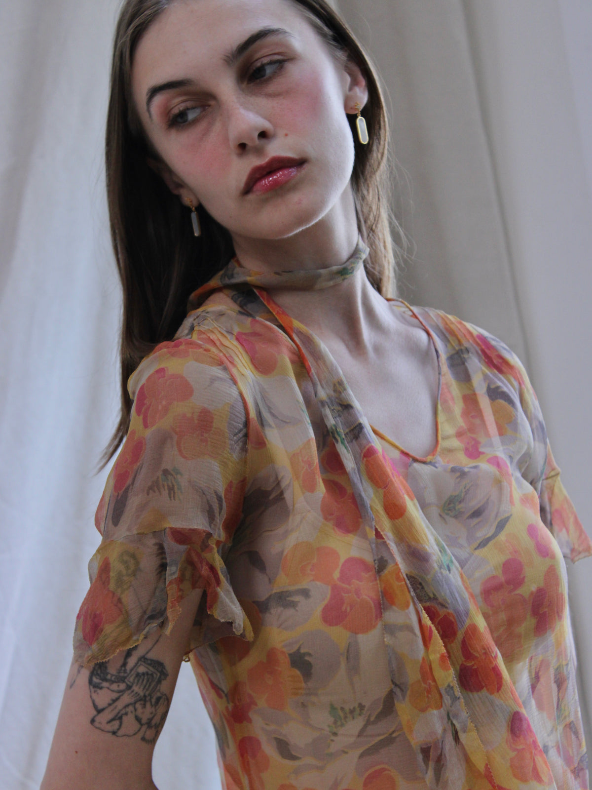 1930s Floral Chiffon Flutter Sleeve 2 PC Dress