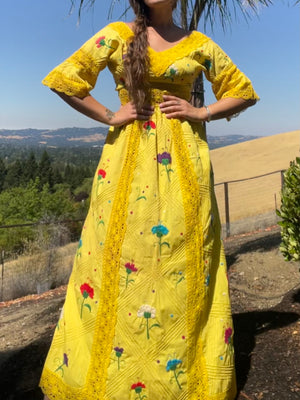 1970s Vibrant Yellow Embroidered Mexican Maxi Length Bell Sleeve Dress