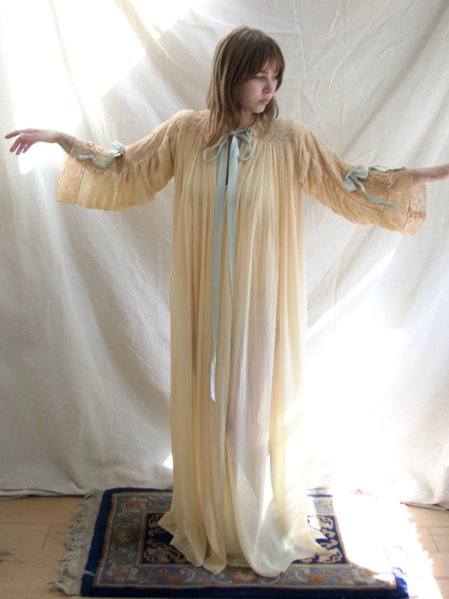 Rare 1947 Custom Hand Made Chiffon Lace Ribbonwork Peignoir