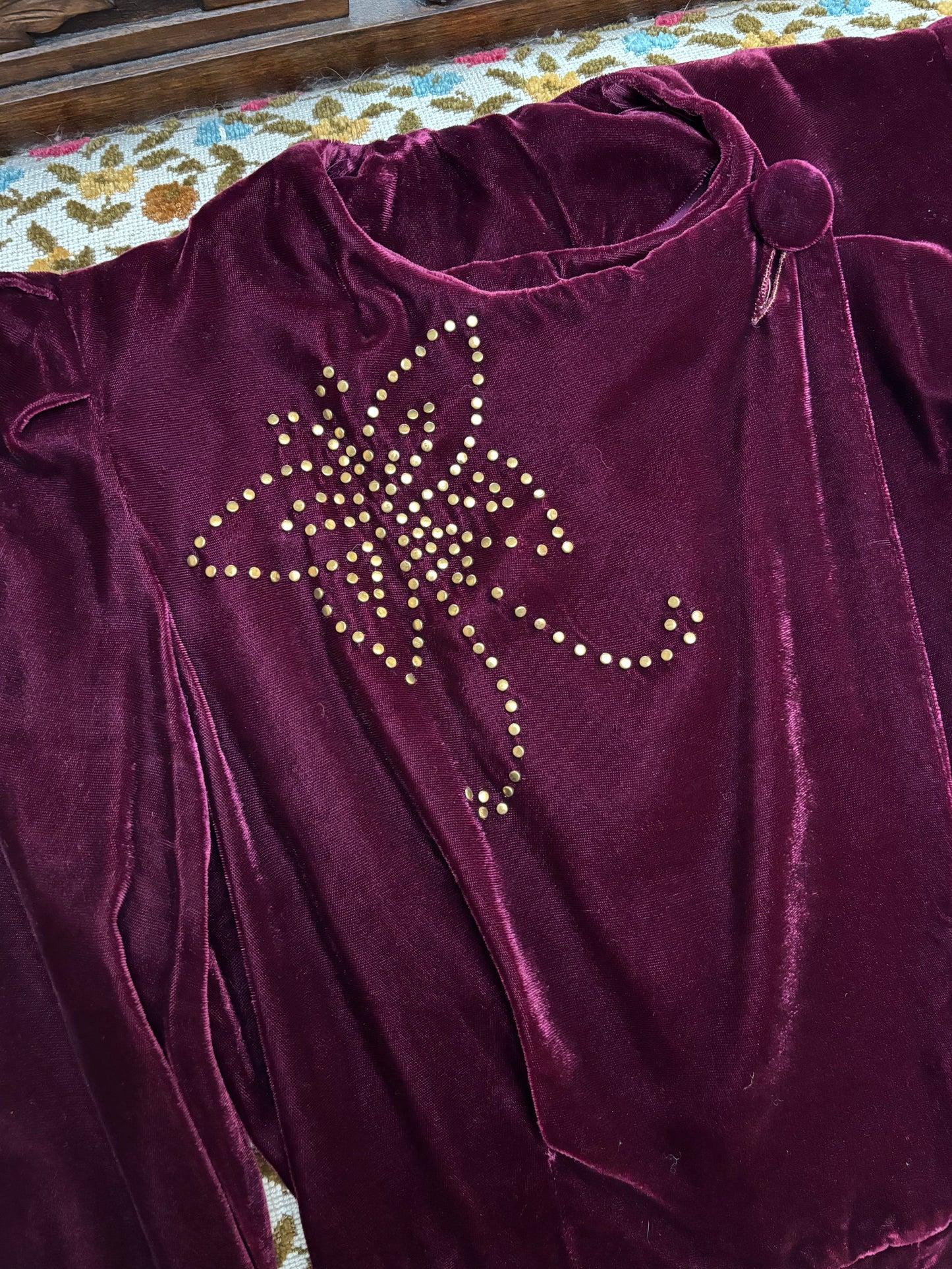 1940s Studded Merlot Velveteen Strong Shoulder Wrap Gown