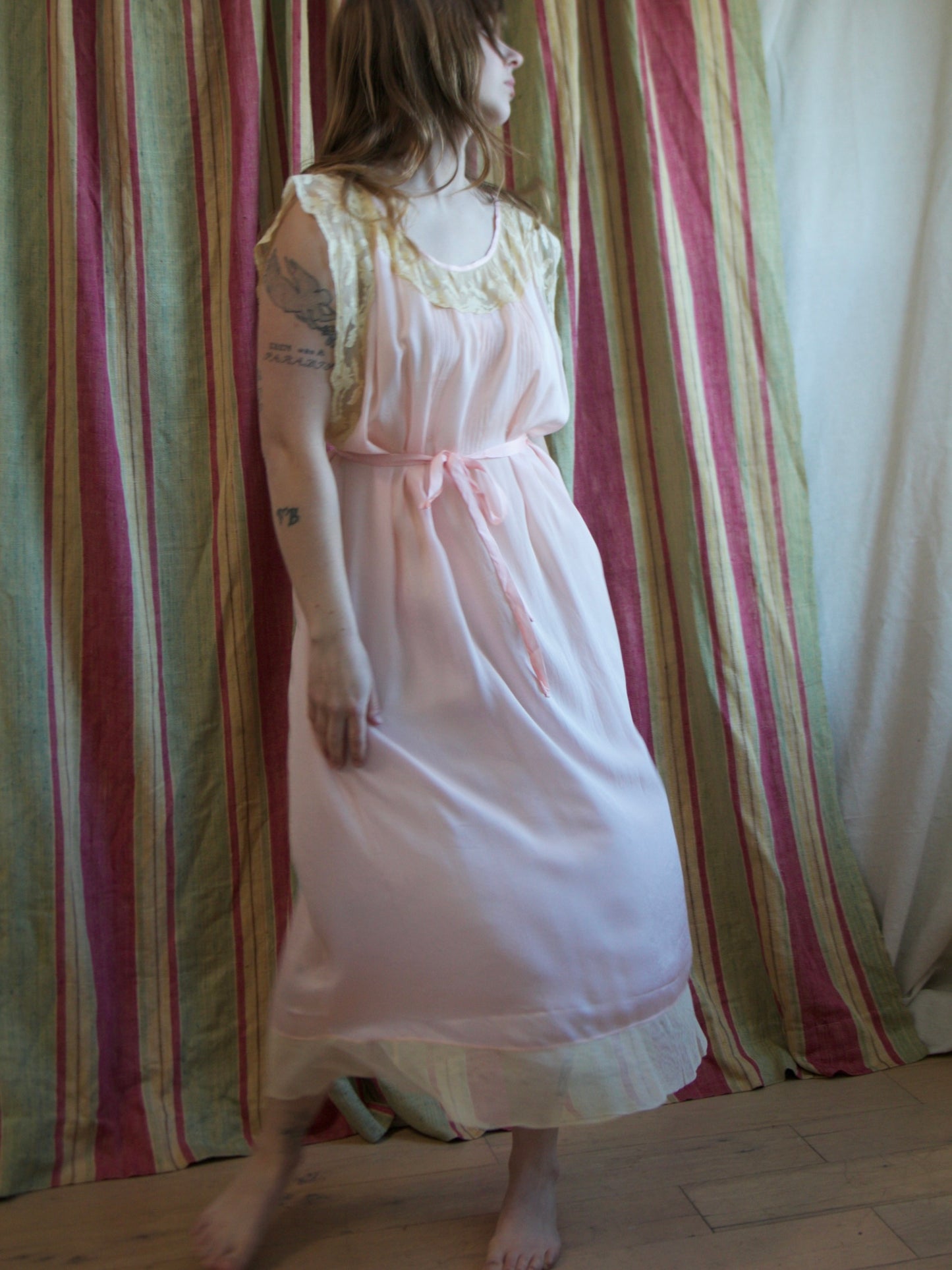 Antique 1920s Pale Pink Pin-tuck Silk Ecru Lace Slip Dress