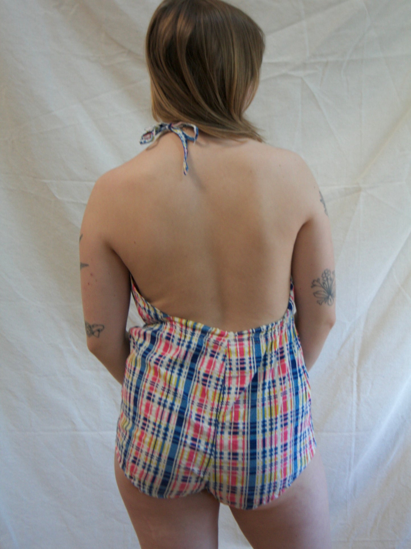 1940s Seersucker Midriff Cut Out Halter Playsuit
