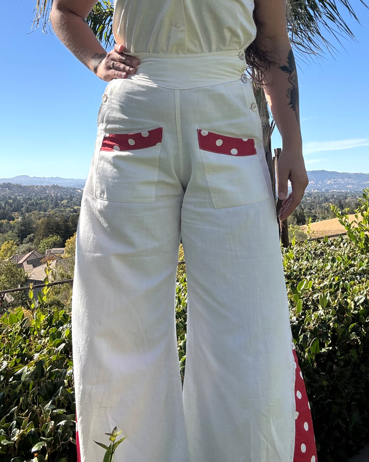 1930s Linen Fall Front Polka Dot Trim Beach Pajama Pants