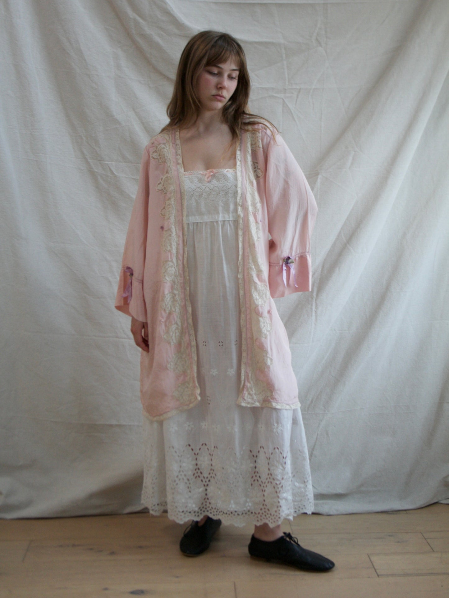 19930s Silk Crepe De Chine Inset Lace Rosette Lingerie Robe